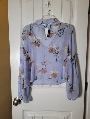 Floral Chiffon Tie-Neck Blouse - Lavender by Anna Grace.  Size S